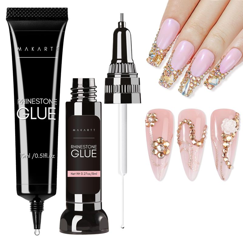 Makartt Nail Rhinestone Glue Set - Gel Nail Glue for Rhinestones for 3D Design Super Strong Adhesive Nail Gem Glue for Valentine's Day Nail Art Jewel Crystal Beads Diamonds 15ml and 8ml Cured Need
