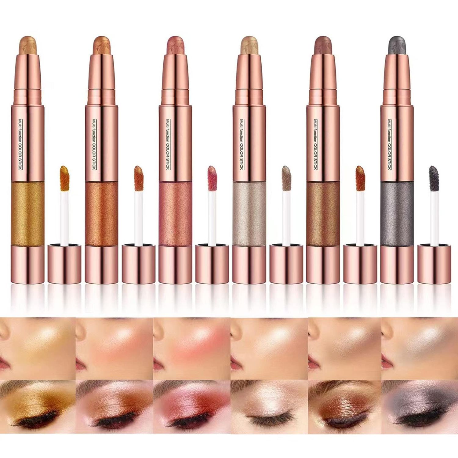 ABELYN 2-in-1 Cream Eyeshadow Stick 6 Colors Metallic Shimmer Eye Shadow Sticks &amp; Highlighter Makeup Liquid Eye Shadow Pencil for Eyes (Pack of 6)