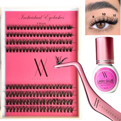Valessence Lash Extension Kit 160pcs Clusters Individual Lashes Kit (40D-MIX-8-12mm) Lash Clusters, Lash Adhesive For Sensitive Eye, Lash Tweezer for Eyelash Extension at Home