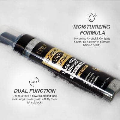 EBIN NEW YORK Wonder Lace Bond Melt Mousse 8.5oz250ml- Extreme Firm Hold (Supreme) | Biotin  Castor Oil | No Residue, Long Lasting Formula with Protecting Edges, Gives Undetectable and Natural Look
