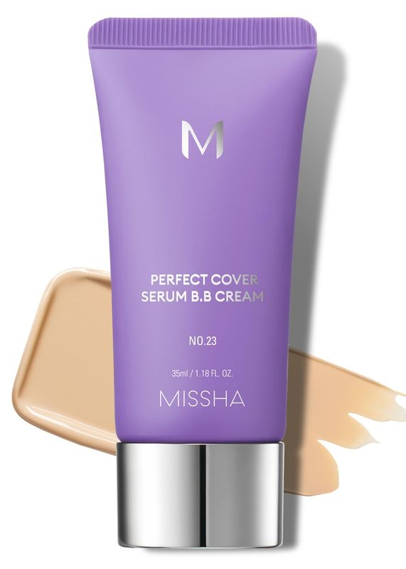 MISSHA M PERFECT COVER SERUM BB CREAM No.23 Natural Beige, Skin Care Foundation Makeup, Tinted Moisturizer, Superfood Complex, Buildable Coverage, Glass Skin, Paraben Free, 1.18 Fl oz