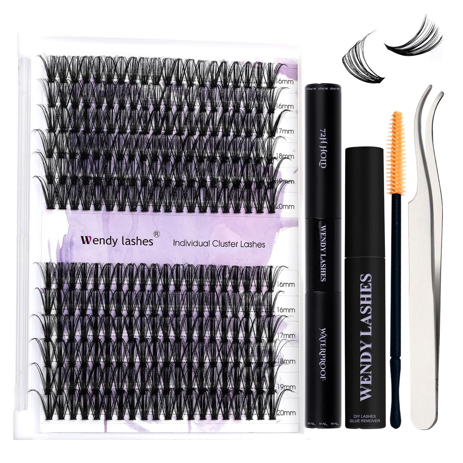 WENDY Lash Extension Kit Lash Clusters Kit D Curl Cluster Lashes 4050D Individual Lashes with Lash Bond and Seal Lash Applicator Lash Glue Remover Brush Eyelash Clusters(4050P-D Kit,16-20mm)