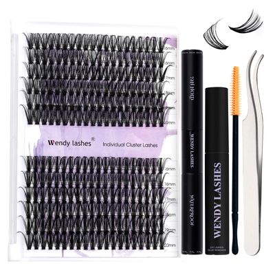 WENDY Lash Extension Kit Lash Clusters Kit D Curl Cluster Lashes 4050D Individual Lashes with Lash Bond and Seal Lash Applicator Lash Glue Remover Brush Eyelash Clusters(4050P-D Kit,16-20mm)