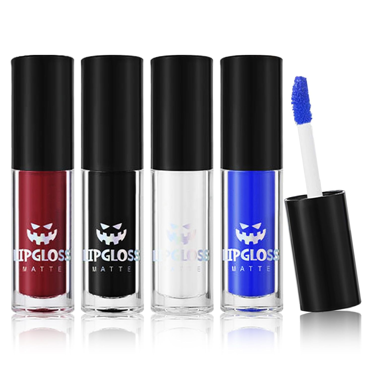 QIUFSSE 4PCS Black Blue White Liquid Lipstick Halloween Fake Blood Makeup Kit for Adults Smudge Proof Lip Gloss Long-lasting Lip Stain Suitable for Halloween Goth Makeup-Set A