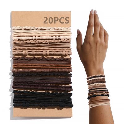 20 PCS Boho Hair Ties, Bracelets Hair Ties for Thick or Thin Hair, 4 Styles Boho Ties for Ponytail Holders, 2.36 Hair Ties No-Damage, Brown
