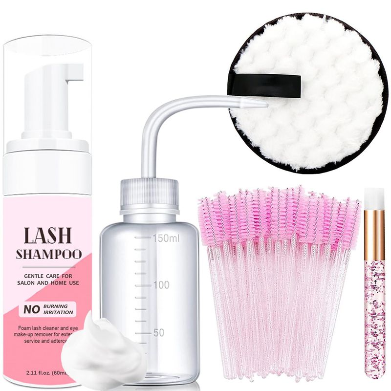 AREMOD 50ml Eyelash Extension Cleanser, Lash Shampoo for Lash Extensions 50pcs Eyelash Brush Cleaning Brush Makeup Remover Pad and Rinse Bottle for Lash Cleaning for Salon Home UsePink