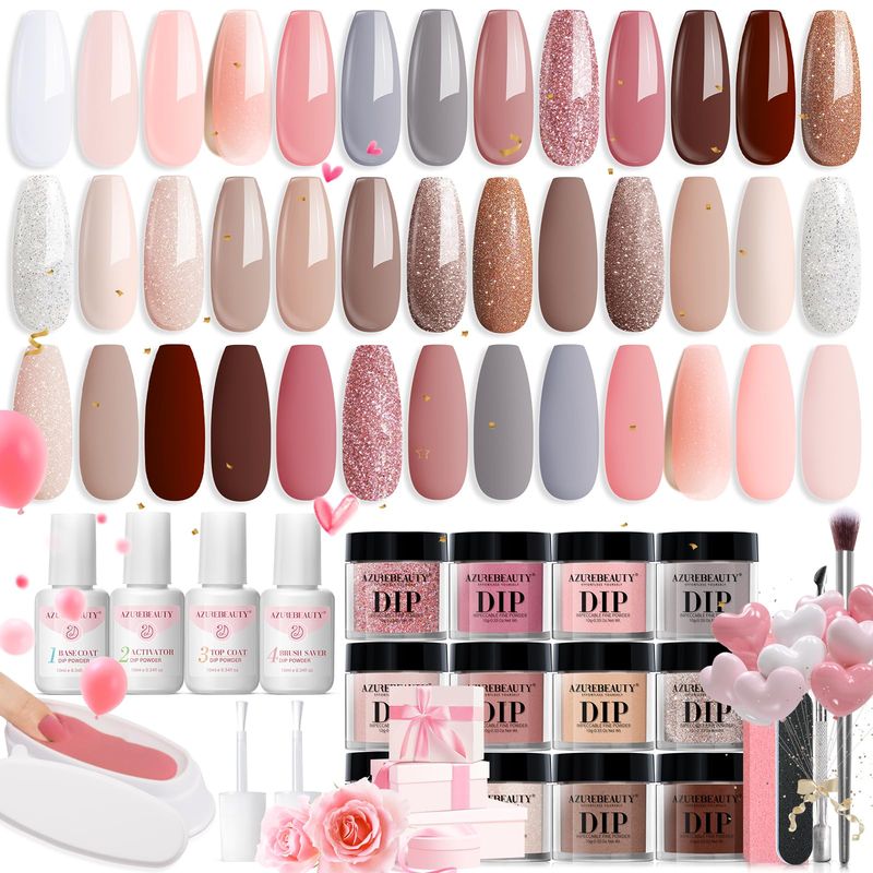 AZUREBEAUTY 31 Pcs Dip Powder Nail Kit 20 Colors Glitter Nude Brown Pink White Gray Dip Powder Liquid Set with TopBase Coat Activator for French Nails Art Manicure DIY Salon Women Valentine's Gift