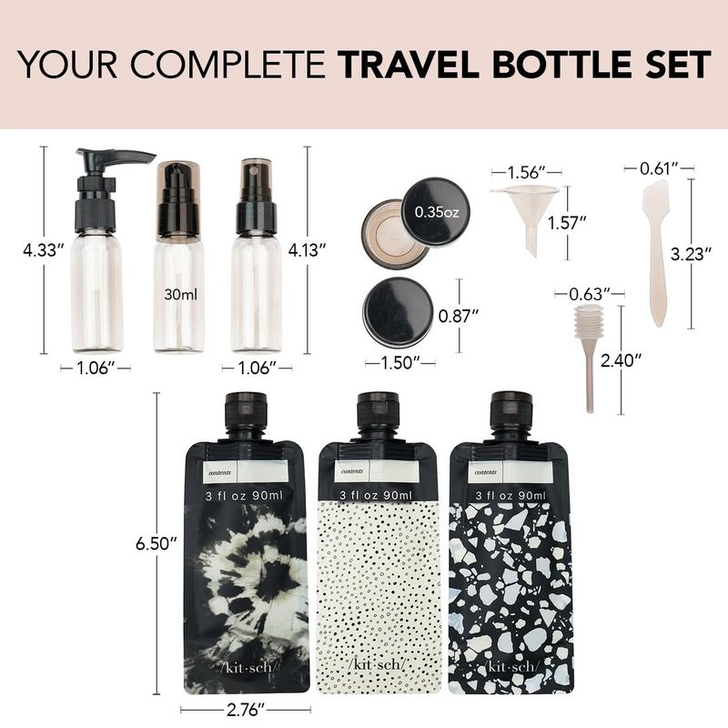 Kitsch Travel Bottles for Toiletries - TSA Approved, Refillable, Leak-Proof Travel Size Containers, Essentials Kit for Shampoo, Conditioner, Lotion &amp; More - 11 Pack