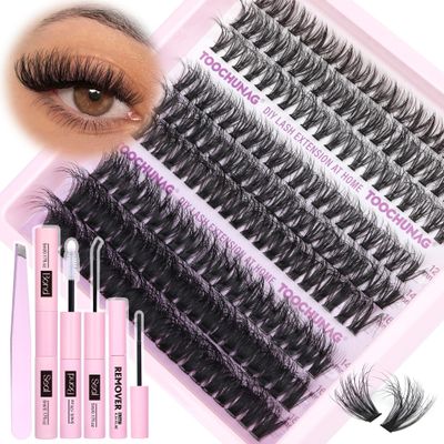 TOOCHUNAG 304050D Fluffy Lash Extension Kit with Remover DIY Wispy Lash Clusters Eyelash Extension Kit 10-18mm D Curl Eyelashes Clusters with Individual Lashes Bond and Seal and Tweezers