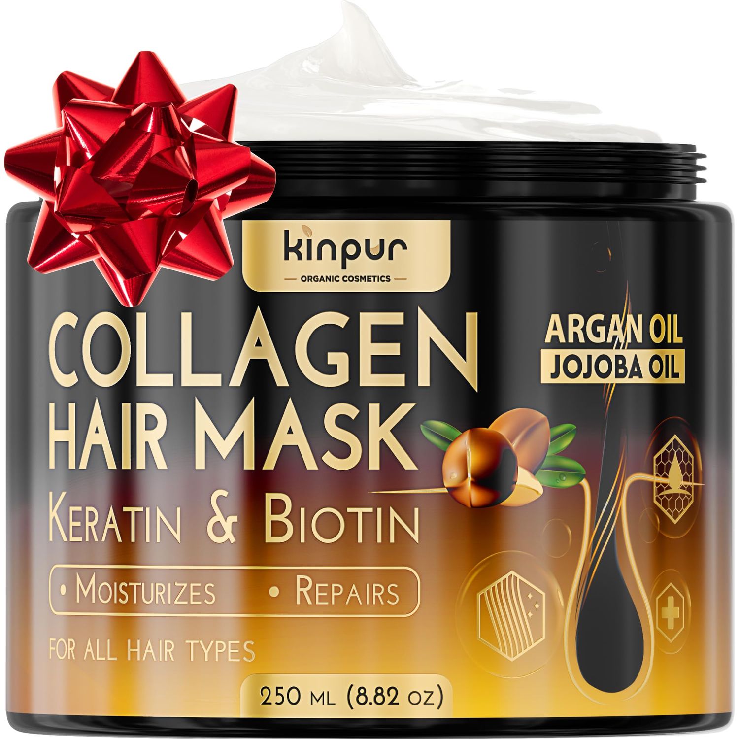 Hair Repair Mask with Collagen, Biotin, Argan Oil - Moisturizing Treatment for Dry, Damaged, Split Hair, Hair Loss, and Heat &amp; Color Protection