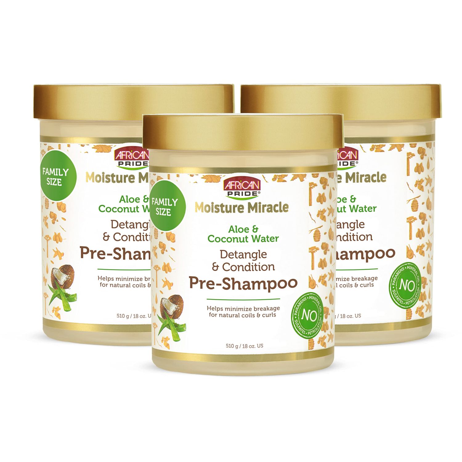 African Pride Moisture Miracle Aloe &amp; Coconut Water Pre-Shampoo - Helps Minimize Hair Breakage for Natural Coils &amp; Curls, Detangles &amp; Conditions, 18 oz (Pack of 3)
