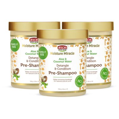 African Pride Moisture Miracle Aloe &amp; Coconut Water Pre-Shampoo - Helps Minimize Hair Breakage for Natural Coils &amp; Curls, Detangles &amp; Conditions, 18 oz (Pack of 3)