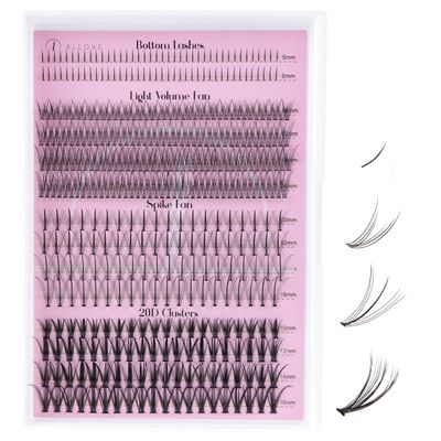 ALLOVE Wispy Lash Clusters Individual Lashes Multi-type Mixed DIY Lash Extensions with Bottom Lashes, 7D Spike Lash Clusters, Light Volume Fans, 20D Cluster Lashes for Self Application at Home