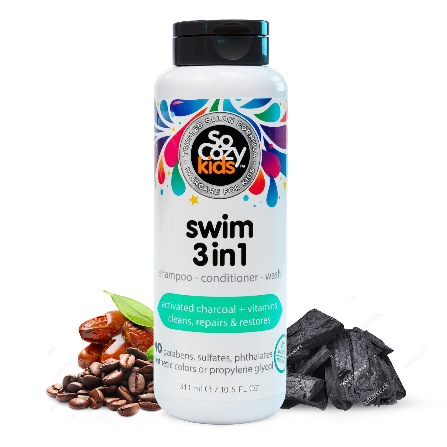SoCozy Kids Swim 3-in-1 Shampoo, Conditioner &amp; Body Wash - 3-in-1 Combo Pool Shampoo &amp; Conditioner for Swimmers - Salt &amp; Chlorine Removing Activated Charcoal