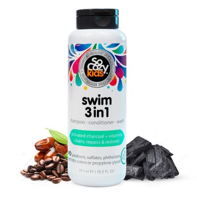 SoCozy Kids Swim 3-in-1 Shampoo, Conditioner &amp; Body Wash - 3-in-1 Combo Pool Shampoo &amp; Conditioner for Swimmers - Salt &amp; Chlorine Removing Activated Charcoal