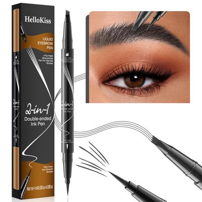 Microblading Eyebrow Pencil, Waterproof Eyebrow Pen, 2-in-1 Dual-Ended Eyebrow Pencil for Women with 4-Fork-Tip &amp; Precise Brush-Tip, Natural Makeup Fine Stroke, Last All-Day (Grey)
