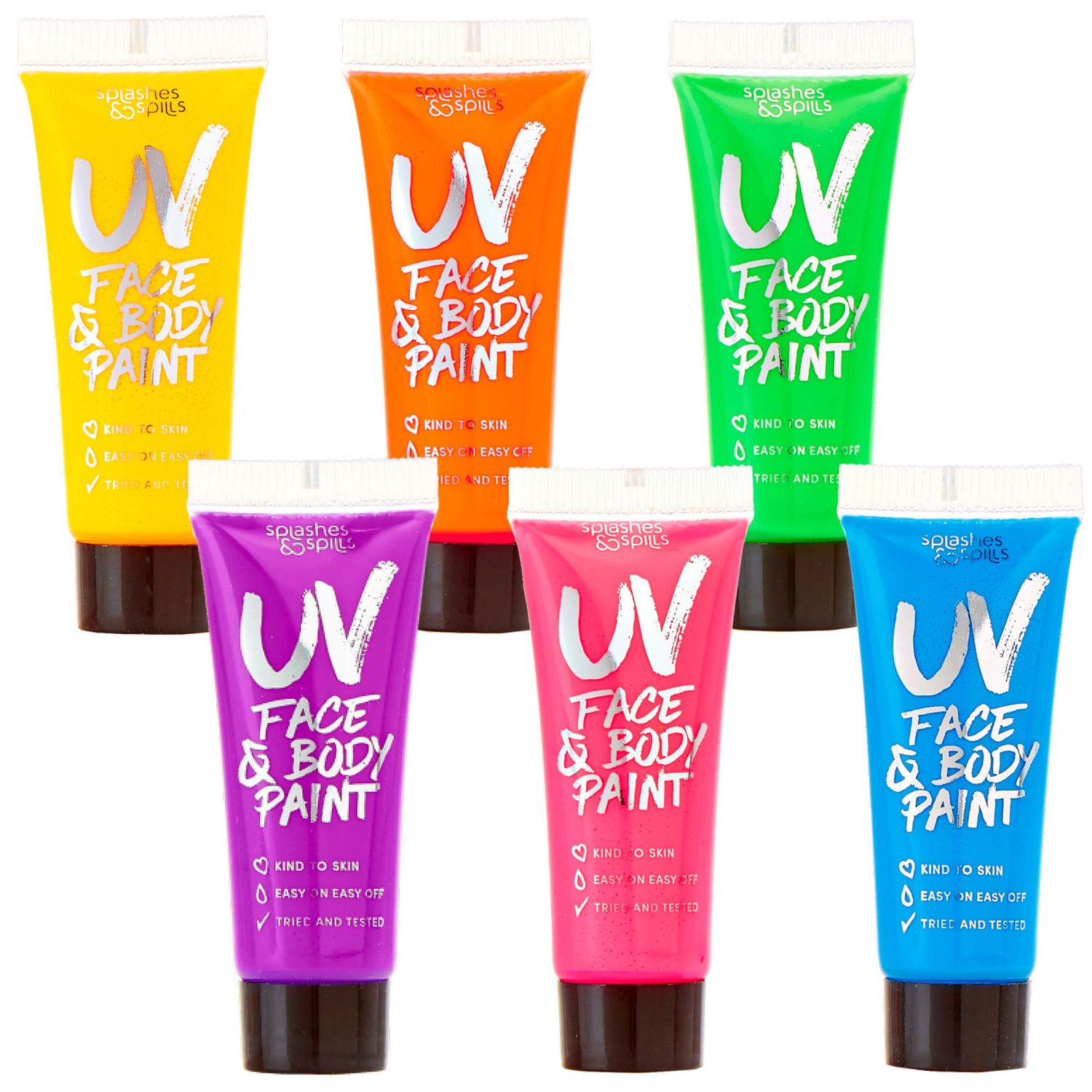 UV Body Paint 10ml - 6 Pack - Glow Paint, Glow in the Dark Body Paint for Adults, Uv Paint, Neon Glow in the Dark Face Paint, Black Light Paint, Neon Face Paint, Neon Body Paint by Splashes &amp; Spills