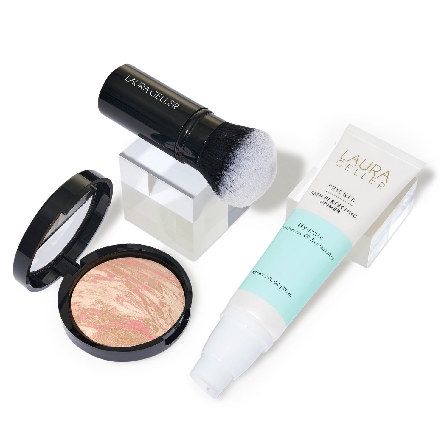 LAURA GELLER NEW YORK Laura&#39;s Must-Haves Kit 3pc Baked Balance-n-Brighten Powder Foundation, Porcelain  Spackle Skin Perfecting Makeup Primer, Hydrate  Airbrush Round Kabuki Brush
