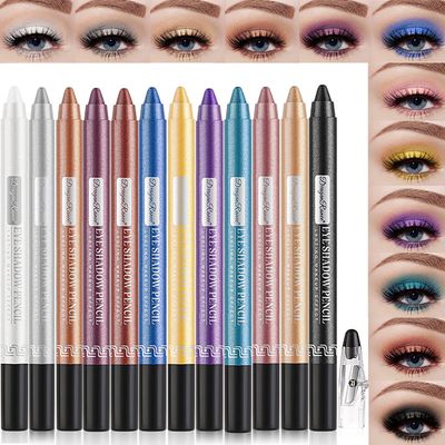 Petansy Cream Eyeshadow stick Eye Set, 12Pcs Colored Glitter Eyeshadow Stick Eyeliner Pencil, Long Lasting Waterproof Pearlescent Eyeshadow Eye Makeup Gift for women (A)