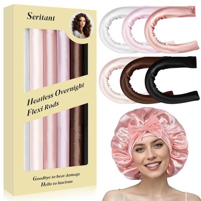 Heatless Curls Overnight Rods - 6 Pcs No-Heat Hair Curler Set, Hair Rollers for Long Hair with Bonnet for Sleeping