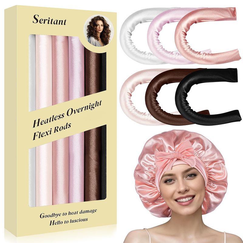 Heatless Curls Overnight Rods - 6 Pcs No-Heat Hair Curler Set, Hair Rollers for Long Hair with Bonnet for Sleeping