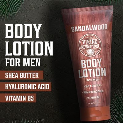 Viking Revolution Sandalwood Body Lotion for Men - Mens Lotion for Dry Skin with Shea Butter, Hyaluronic Acid and Vitamin B5 - Nourishing Mens Body Lotion for Hydrated and Smooth Skin (8oz, 1 Pack)