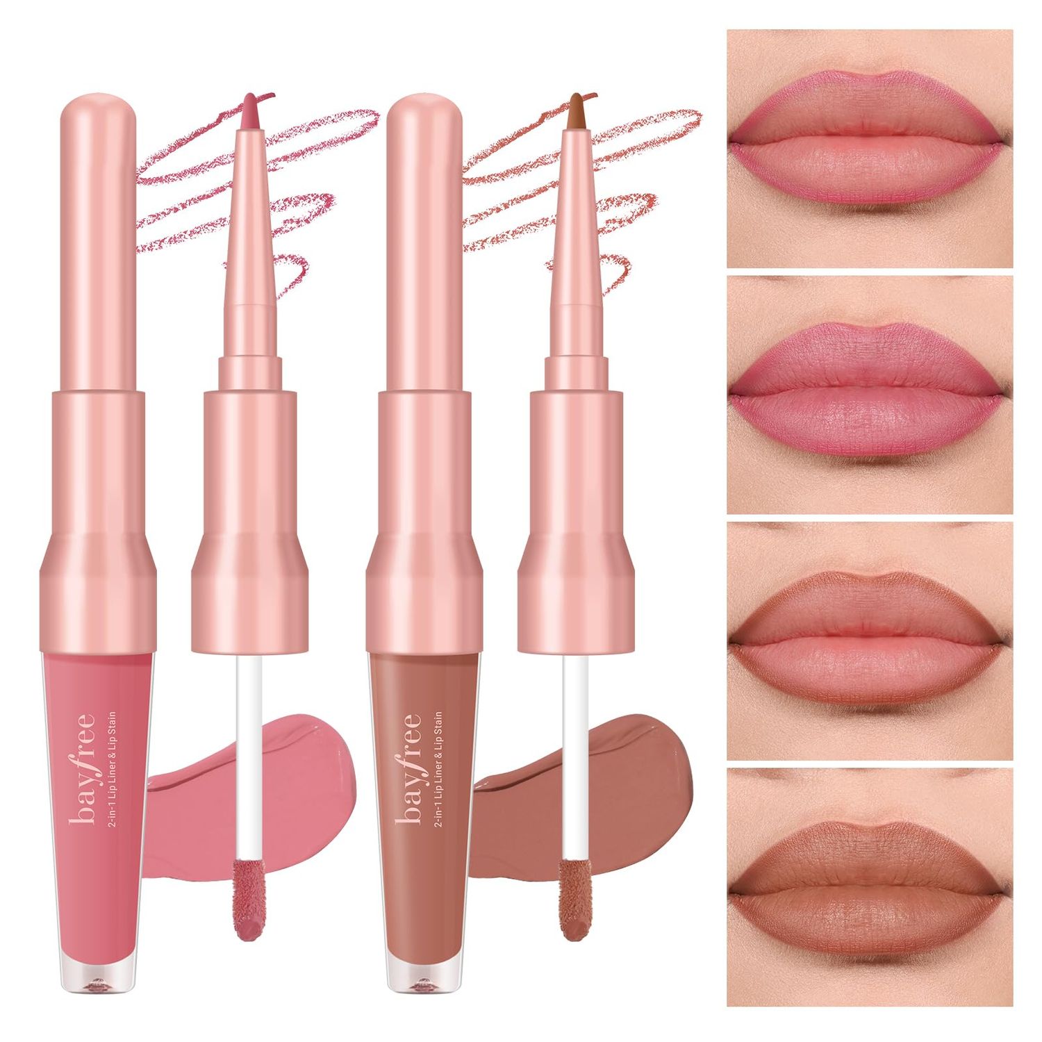 bayfree 2 PCS Lip Liner and Lip Stain Combo Set, High Pigmented Long Lasting Velvet Lip Tint, Well-Defined Lipliner, Weightless Waterproof Not Animal Tested, Matte Finish Makeup