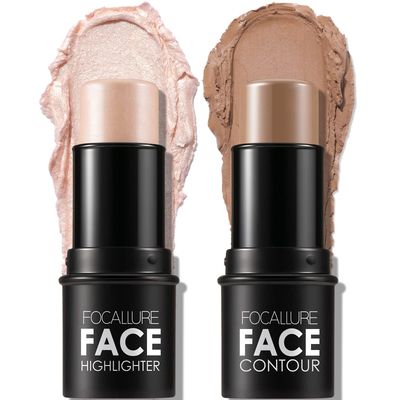 FOCALLURE 2 Pcs Mineral Cream Contour Stick,Moisturize Highlighter and Bronzer Pen,Non Stick Face Brightens &amp; Shades Pencil,Long Lasting &amp; Smooth Gliding Face Illuminator Makeup,Light-medium