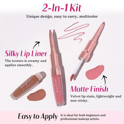 bayfree 2 PCS Lip Liner and Lip Stain Combo Set, High Pigmented Long Lasting Velvet Lip Tint, Well-Defined Lipliner, Weightless Waterproof Not Animal Tested, Matte Finish Makeup