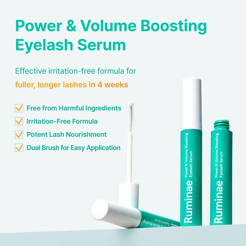 Ruminae Power and Volume Eyelash Serum - K-Beauty Korean Lash Growth Serum with Peptides, Centella and Hyaluronic Acid - Non-Irritating for Longer, Thicker Lashes, 10 ml (0.3 fl.oz.)