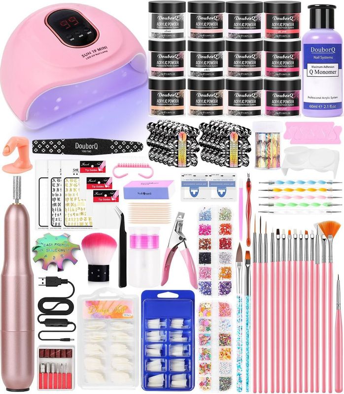 Acrylic Nail Art Kit-Nail Art Manicure Set Acrylic Powder Brush Glitter File French Tips U V Lamp Nail Art Decoration Tools Nail Drill kit for beginners with everything at home