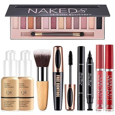 All in One Makeup Kit for Women Full Kit, Includes 12 Colors Naked Eyeshadow Palette, Foundation X 2, Eyeliner &amp; Mascara, 2Pcs Lipstick and Makeup Brush, Gift Set for Women, Girls &amp; Teens Makeup Set