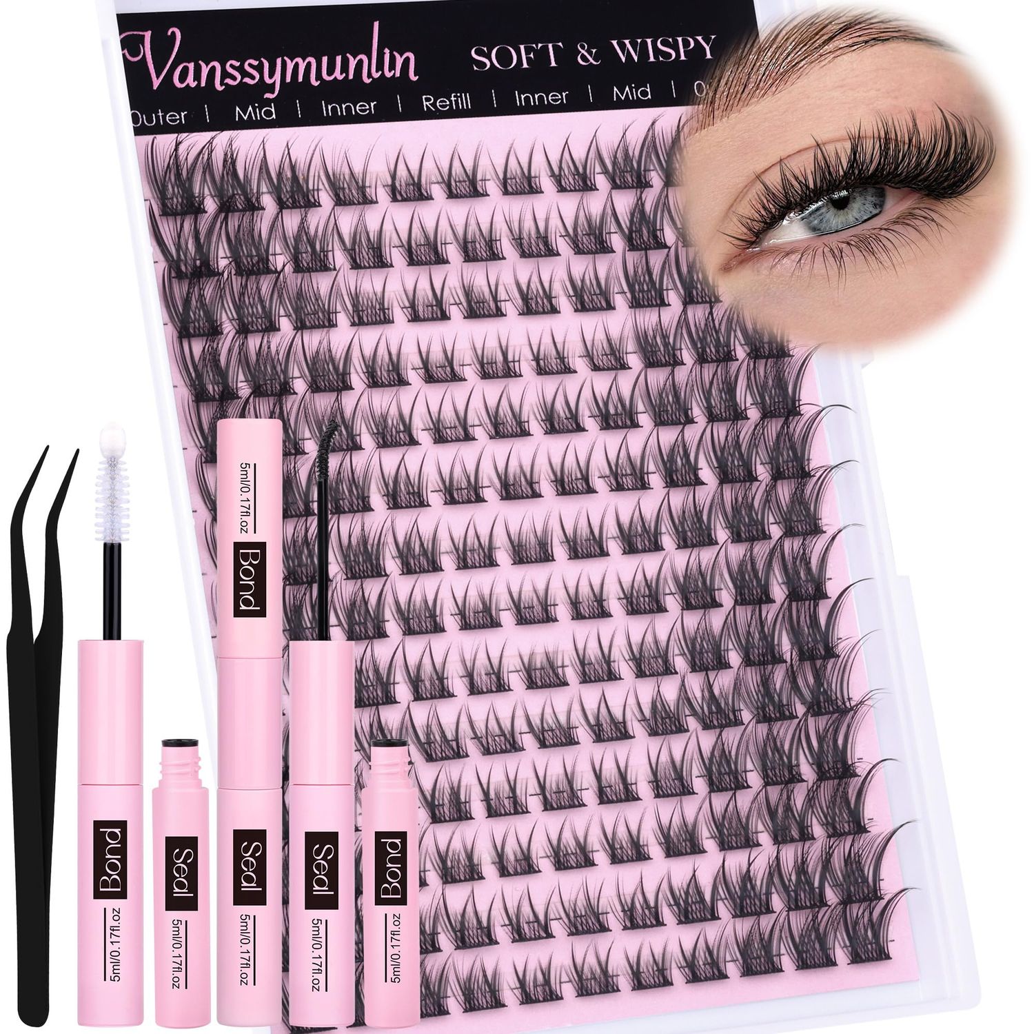 Wispy Lash Clusters Kit Cat Eye Lash Extension Kit 154pcs Cluster Eyelash Extensions Kit Individual Lashes Natural for False Eyelashes Clusters with Tweezers Lash Bond and Seal by Vanssymunlin
