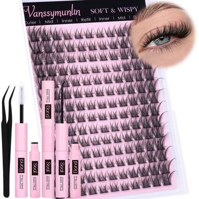 Wispy Lash Clusters Kit Cat Eye Lash Extension Kit 154pcs Cluster Eyelash Extensions Kit Individual Lashes Natural for False Eyelashes Clusters with Tweezers Lash Bond and Seal by Vanssymunlin