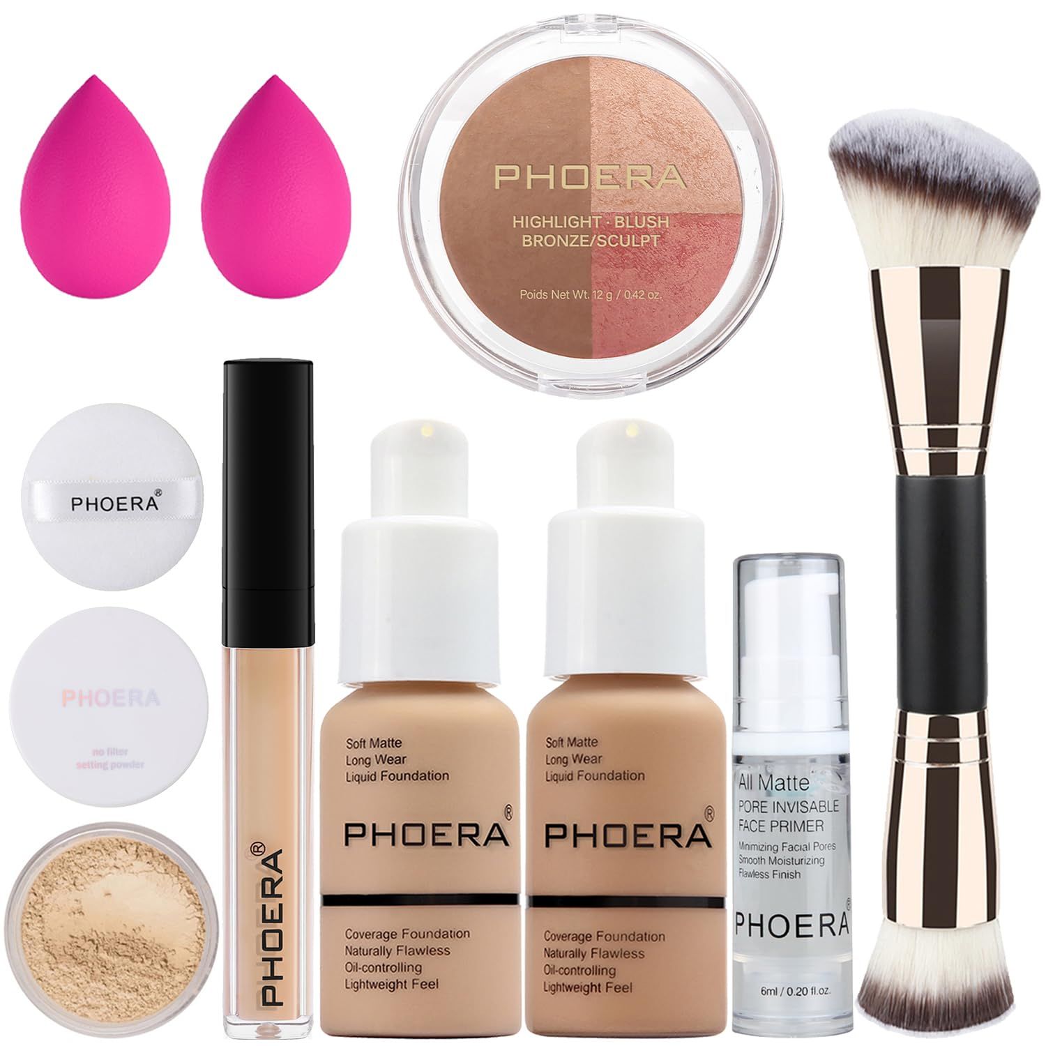 PHOERA Foundation, PHOERA Contour Palette,Shades with Highlighter &amp; Bronzer &amp; Blush,Up to 24 Hour Fresh Wear,PHOERA Concealer Primer Powder (104105 #002 ContourBuff BeigeSand#002)