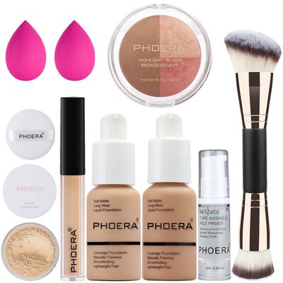 PHOERA Foundation, PHOERA Contour Palette,Shades with Highlighter &amp; Bronzer &amp; Blush,Up to 24 Hour Fresh Wear,PHOERA Concealer Primer Powder (104105 #002 ContourBuff BeigeSand#002)