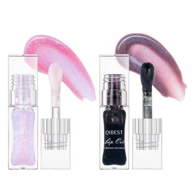YU KUI LX 2Pcs Color Changing Lip Oil, Magic Color Changing Lip Glow Oil with Big Brush, Moisturizing and Non-sticky Lip Gloss Plumping Lip Oil (2, Pink  Magic Black)