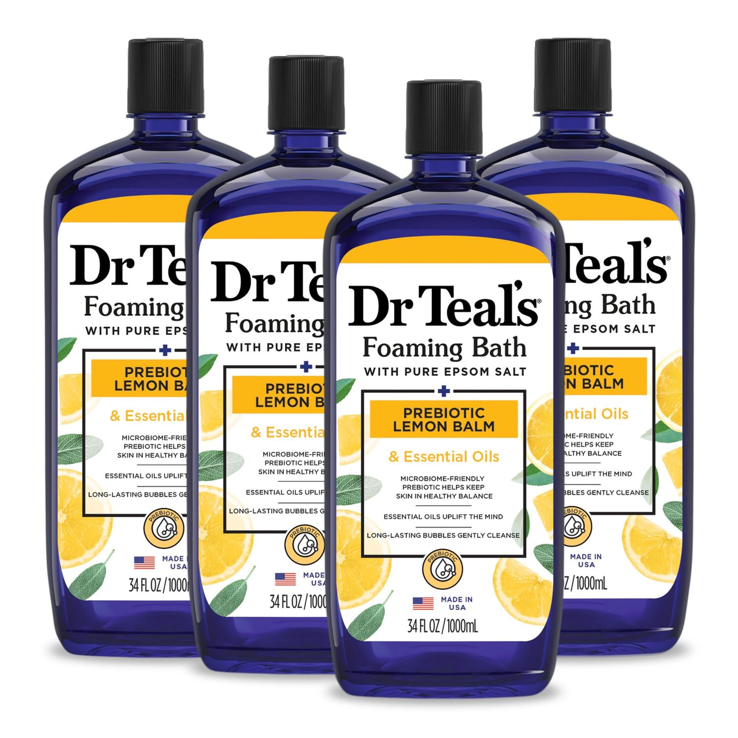 Dr Teal&#39;s Foaming Bath with Pure Epsom Salt, Prebiotic Lemon Balm &amp; Essential Oils, 34 fl oz (Pack of 4) (Packaging May Vary)