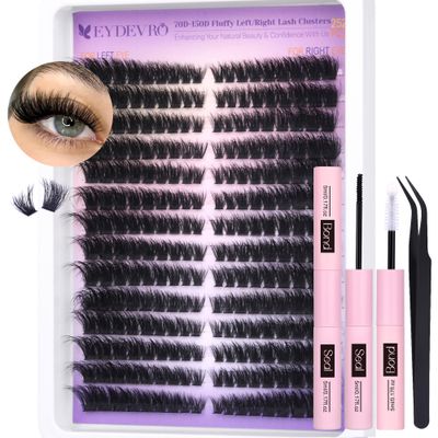 EYDEVRO Fluffy Lash Clusters Kit 70D-150D Lash Extension Kit LeftRight Cluster Eyelash Extension Kit Mega Volume Clusters Lashes Individual Lashes Kit with Waterproof Lash Bond and Seal Lash Tweezers