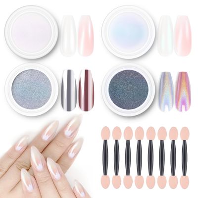 Artdone Chrome Nail Powder Magic White Pearl Kit Mirror Effect Silver Metallic Holographic Dip Nail Powder For Resin Craft &amp; Nail Art Decoration Iridescent Aurora Mermaid Pigment