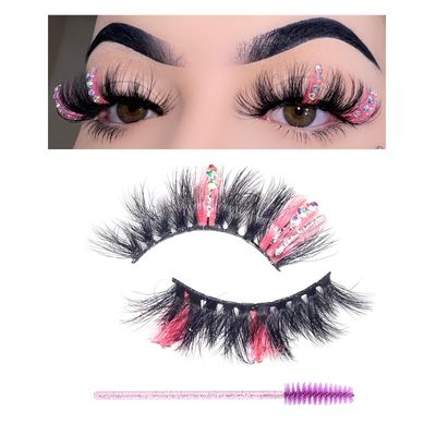 Miss Kiss 1 Pair Lashes with Color Pink and Rhinestone Glitter Silver Fairy False Eyelash Sparkly Manga Diamond Lashes Dramatic Unique Design Fake Eye Lash 18 MM
