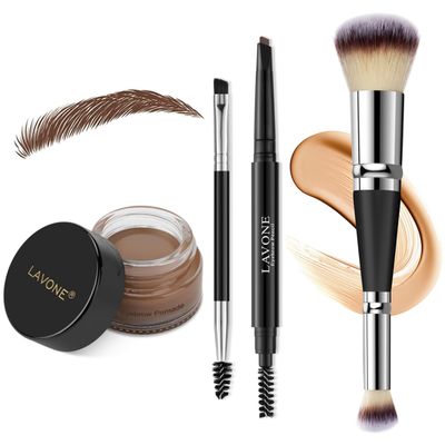 LAVONE Eyebrow Pencil Makeup Kit for Eyebrow Makeup, Make up Brow Kit with Waterproof Eyebrow Pencil, Eyebrow Pomade, Foundation &amp; Concealer Brush and Dual-ended Eyebrow Brush - Chocolate