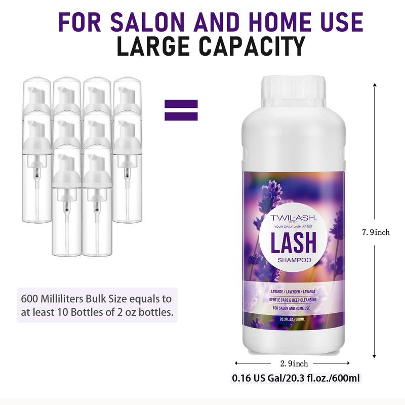 600ml Lash Shampoo Bulk, Eyelash Cleanser for Extensions, Safe Makeup Remover, Non-irritating or Burning Formula Eyelid Foaming Cleanser Best for Professional Salon and Home Use (Lavender)