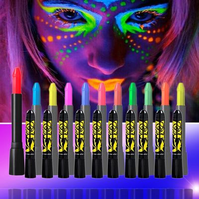 12 Colors Glow In The UV Black Light Face &amp; Body Paint, Black Light Glow Body Paint Makeup Fluorescent Neon Face Painting Crayons Kit for Halloween Costume Holiday Masquerades Club Makeup
