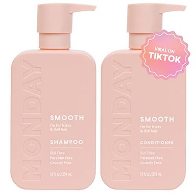 MONDAY HAIRCARE Smooth Shampoo  Conditioner Bathroom Set (2 Pack) 12oz Each for Frizzy, Coarse, and Curly Hair, Made from Coconut Oil, Shea Butter, &amp; Vitamin E, 100% Recyclable Bottles, Pink