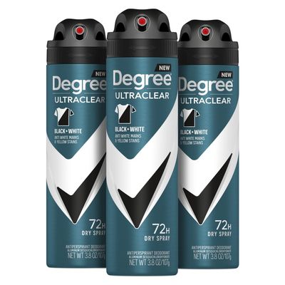 Degree Men Antiperspirant Deodorant Dry Spray Black  White Protects from Deodorant Stains Antiperspirant for Men with MotionSense Technology, 3.8 Ounce (Pack of 3)