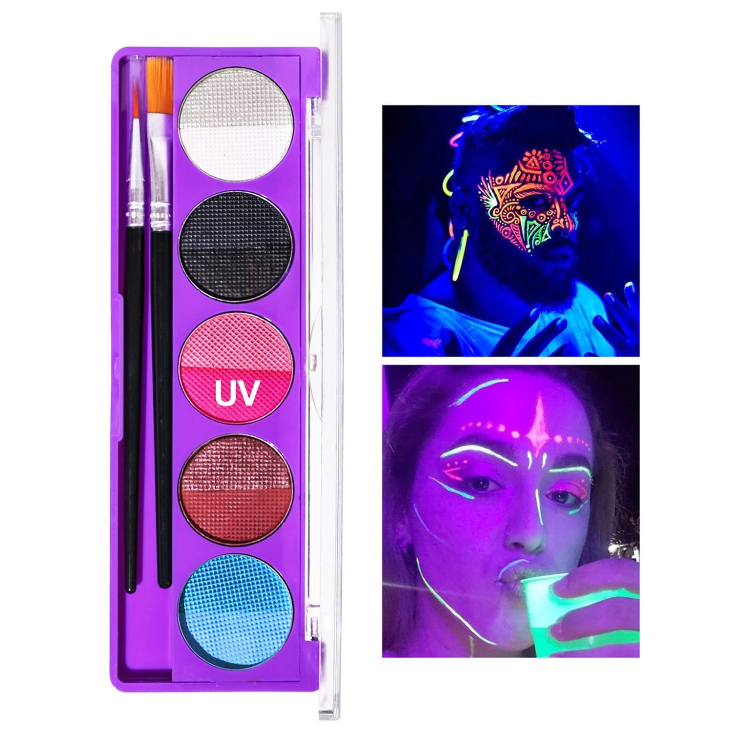 UV Glow Blacklight Body Paint - with Application Brushes Set Easy to Use and Apply - Neon Colors Under Blacklight Face Paint- Long-Lasting Glow for Halloween Parties, Dance Events, Art Projects (02)