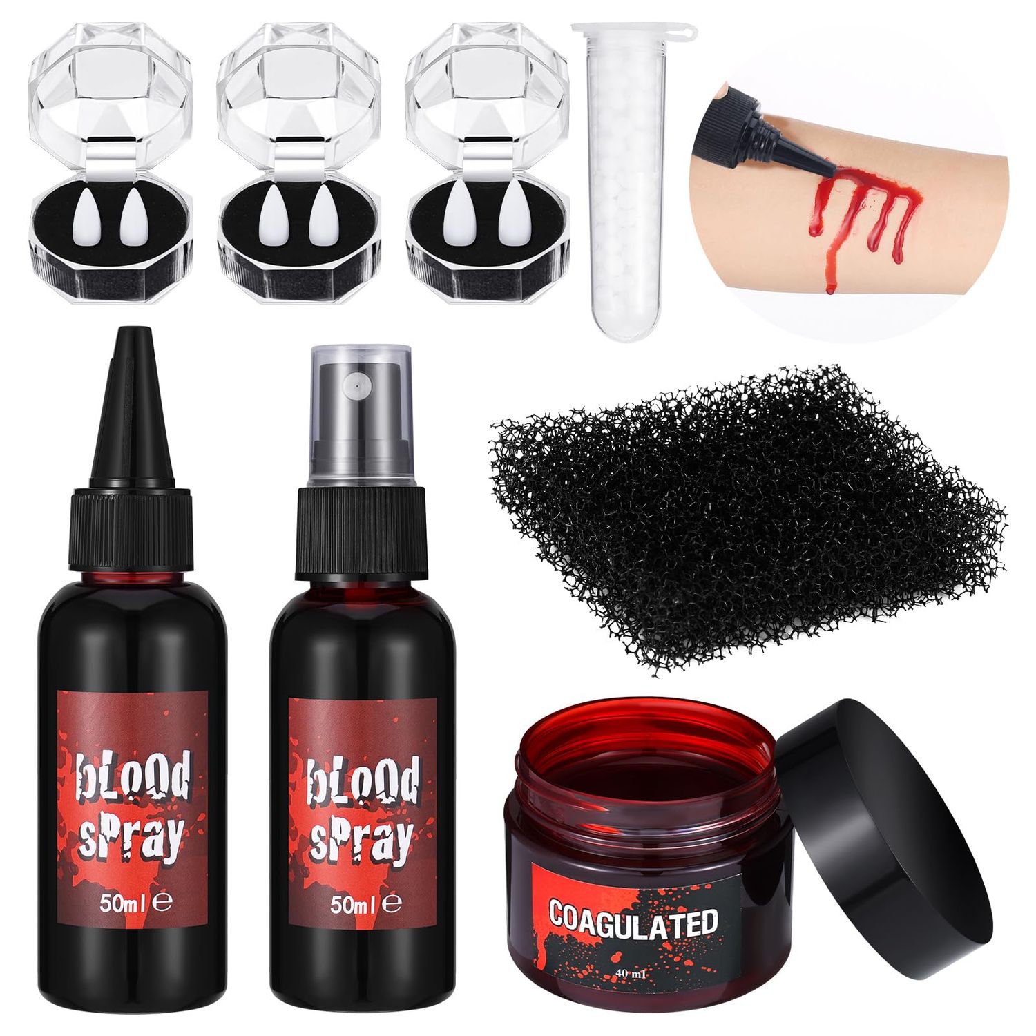 3 PCS Halloween Fake Blood Makeup Kit 3 Size Vampire Teeth Fangs Fresh Red Fake Blood Spray Realistic Coagulated Blood for Party Monster Zombie Cosplay