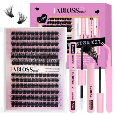 Fablosslashes Lash Extension Kit DIY 144Pcs Lash Clusters Eyelash Extension Kit 80D Fluffy Lash Clusters Kit With Lash Bond And Seal, Lash Remover, Lash Tweezers (80D, 9-16mm, Kit)