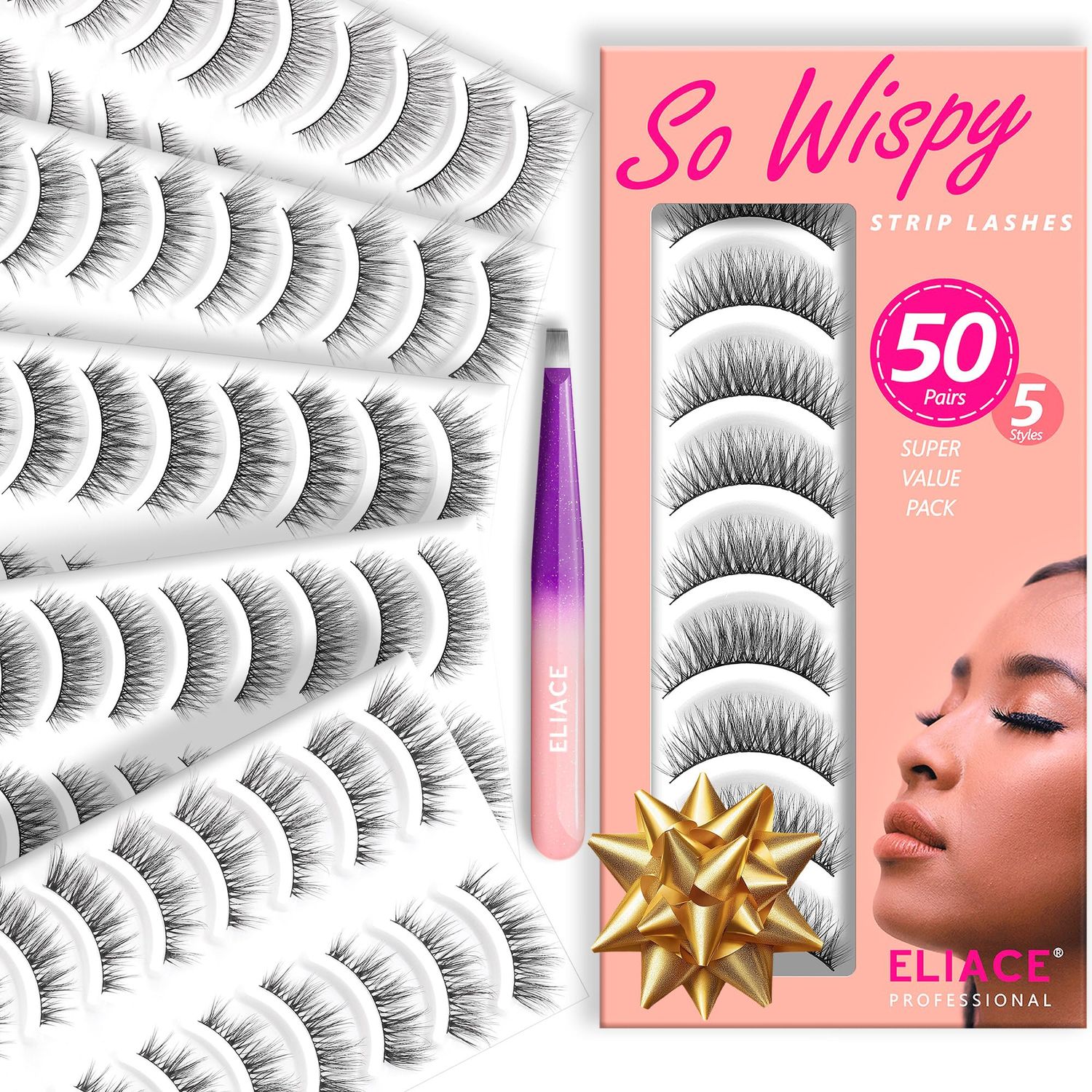 Eliace Wispy Lashes Natural Look Cat Eye Lashes - (50 Pairs, 5 Styles), Gifts for Women,Stocking Stuffers, Short Natural Mink Lash (12mm), Lightweight &amp; Comfortable, False Lashes Tweezers Kit